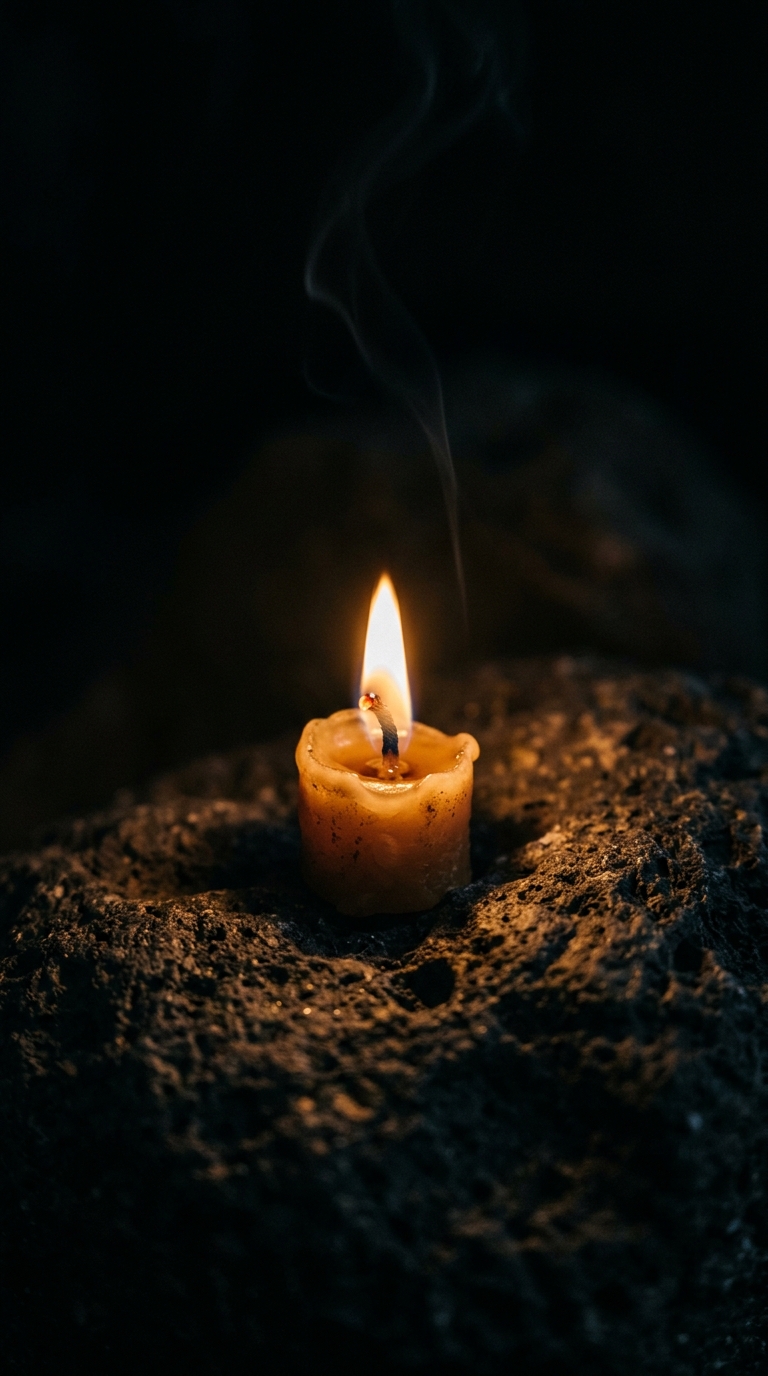 Candela viva di cera d'api su roccia basaltica